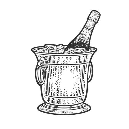 champagne in an ice bucket line art sketch engraving vector illustration. T-shirt apparel print design. Scratch board imitation. Black and white hand drawn image.のイラスト素材