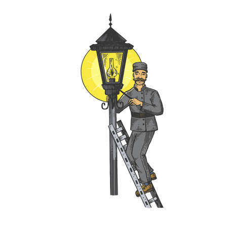 Lamplighter man line art color sketch engraving vector illustration. T-shirt apparel print design. Scratch board imitation. Black and white hand drawn image.のイラスト素材