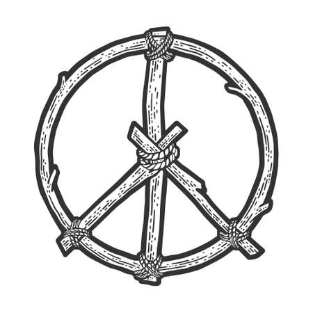 Peace symbol made with wood tree line art sketch engraving vector illustration. T-shirt apparel print design. Scratch board imitation. Black and white hand drawn image.のイラスト素材
