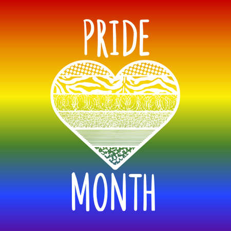 Pride month   with rainbow gradient color flag. Pride symbol with heart, LGBT, sexual minorities, gays and lesbians line art sketch engraving vector illustration.のイラスト素材
