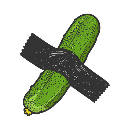 cucumber taped to wall by adhesive tape modern art color line art sketch engraving vector illustration. T-shirt apparel print design. Scratch board imitation. Black and white hand drawn image.のイラスト素材