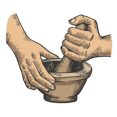 Mortar and pestle in hands color line art sketch engraving vector illustration. T-shirt apparel print design. Scratch board imitation. Black and white hand drawn image.のイラスト素材