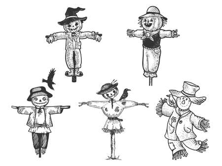 Scarecrow set line art sketch engraving vector illustration. T-shirt apparel print design. Scratch board imitation. Black and white hand drawn image.のイラスト素材