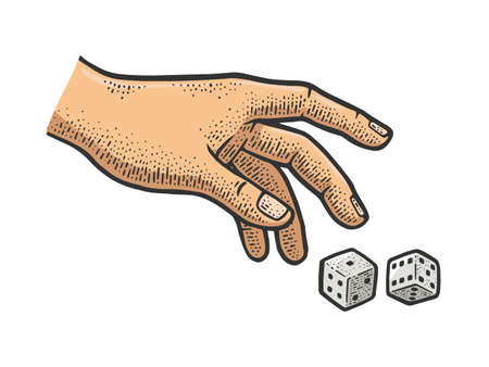 hand rolls dice color line art sketch engraving vector illustration. T-shirt apparel print design. Scratch board imitation. Black and white hand drawn image.のイラスト素材
