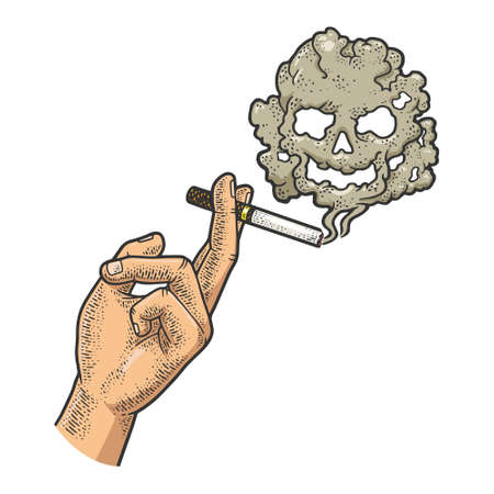 cigarette in hand and skull smoke color line art sketch engraving vector illustration. T-shirt apparel print design. Scratch board imitation. Black and white hand drawn image.のイラスト素材