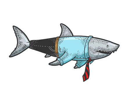 shark businessman in a business suit color line art sketch engraving vector illustration. T-shirt apparel print design. Scratch board imitation. Black and white hand drawn image.のイラスト素材