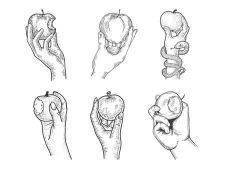 Apple fruit in hand set collection line art sketch engraving vector illustration. T-shirt apparel print design. Scratch board imitation. Black and white hand drawn image.のイラスト素材