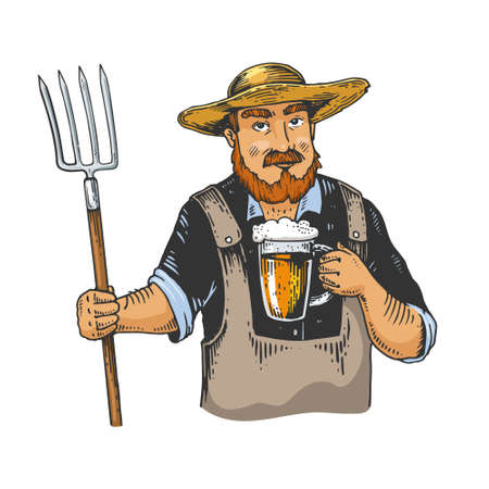 farmer drinks beer color line art sketch engraving vector illustration. T-shirt apparel print design. Scratch board imitation. Black and white hand drawn image.のイラスト素材