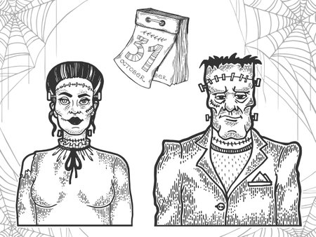 Halloween fabulous dead people monsters family line art sketch engraving vector illustration. T-shirt apparel print design. Scratch board imitation. Black and white hand drawn image.のイラスト素材