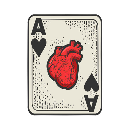 Ace of hearts with human anatomical heart color line art sketch engraving vector illustration. T-shirt apparel print design. Scratch board imitation. Black and white hand drawn image.のイラスト素材
