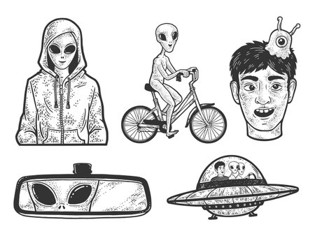 Alien in Hoodie sweatshirt set collection line art sketch engraving vector illustration. T-shirt...