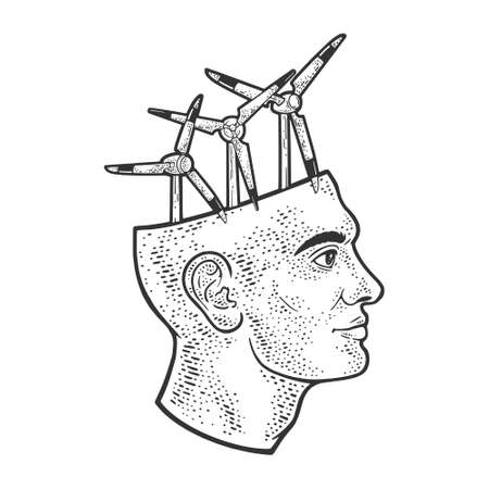 Wind turbine energy plant in head abstract line art sketch engraving vector illustration. T-shirt apparel print design. Scratch board imitation. Black and white hand drawn image.のイラスト素材