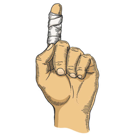 Wounded finger bandaged color sketch engraving vector illustration. T-shirt apparel print design. Scratch board imitation. Black and white hand drawn image.のイラスト素材