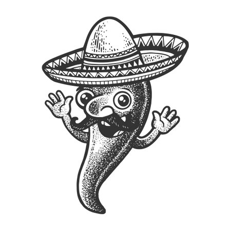 Cartoon mexican chilli pepper sketch engraving vector illustration. T-shirt apparel print design. Scratch board imitation. Black and white hand drawn image.のイラスト素材