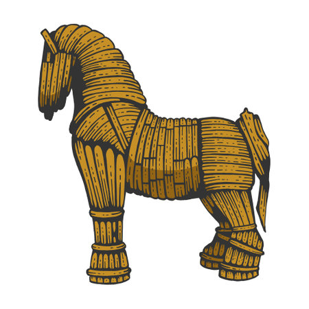 Trojan horse color line art sketch engraving vector illustration. T-shirt apparel print design. Scratch board imitation. Black and white hand drawn image.のイラスト素材