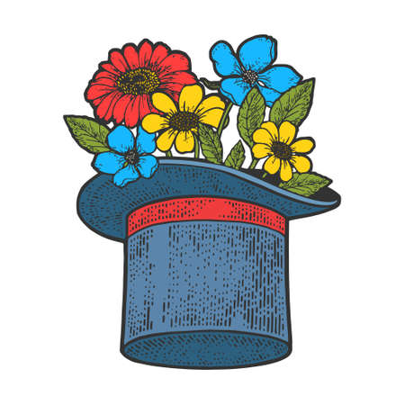 Flowers in Top hat cylinder color sketch engraving vector illustration. T-shirt apparel print design. Scratch board imitation. Black and white hand drawn image.のイラスト素材