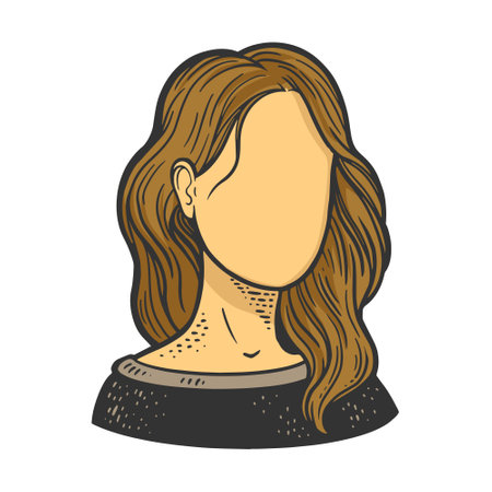 Female woman girl face dummy template without eyes nose and mouth color sketch engraving vector illustration. T-shirt apparel print design. Scratch board imitation. Black and white hand drawn image.のイラスト素材