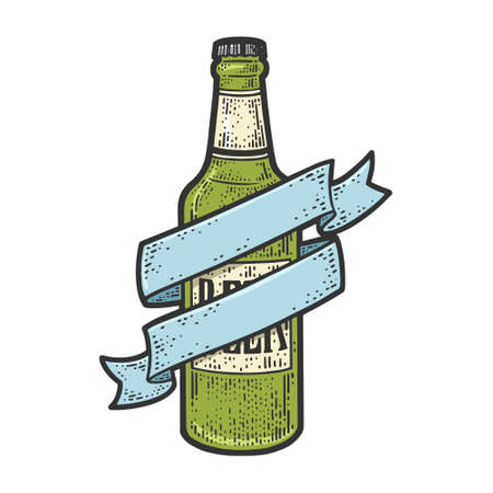 Beer bottle with tape ribbon line art color sketch engraving vector illustration. T-shirt apparel print design. Scratch board imitation. Black and white hand drawn image.のイラスト素材