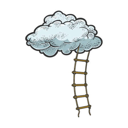 Rope ladder to cloud color sketch engraving vector illustration. Stairs to heaven metaphor. T-shirt apparel print design. Scratch board imitation. Black and white hand drawn image.のイラスト素材