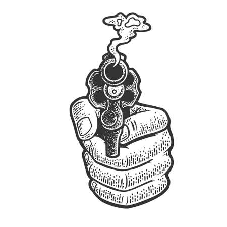 smoking revolver gun in hand sketch engraving vector illustration. T-shirt apparel print design. Scratch board imitation. Black and white hand drawn image.のイラスト素材
