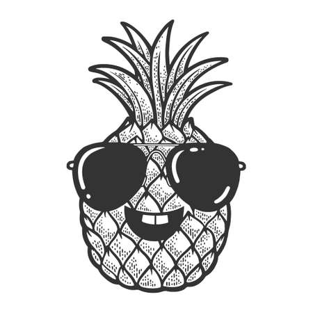 pineapple in sunglasses sketch engraving vector illustration. T-shirt apparel print design. Scratch board imitation. Black and white hand drawn image.のイラスト素材