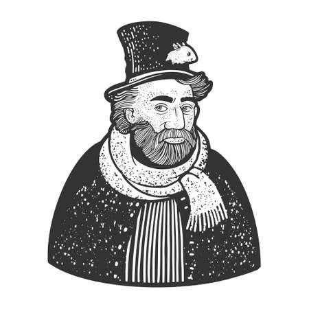 homeless with mouse in hat sketch engraving vector illustration. T-shirt apparel print design. Scratch board imitation. Black and white hand drawn image.のイラスト素材
