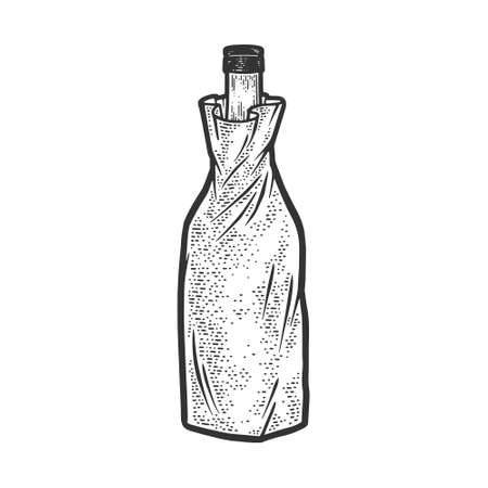 Alcohol bottle in paper bag sketch engraving vector illustration. T-shirt apparel print design. Scratch board imitation. Black and white hand drawn image.のイラスト素材