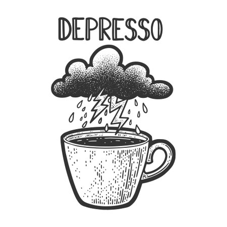 Depresso espresso coffee cup depression bad mood metaphor sketch engraving vector illustration. T-shirt apparel print design. Scratch board imitation. Black and white hand drawn image.のイラスト素材