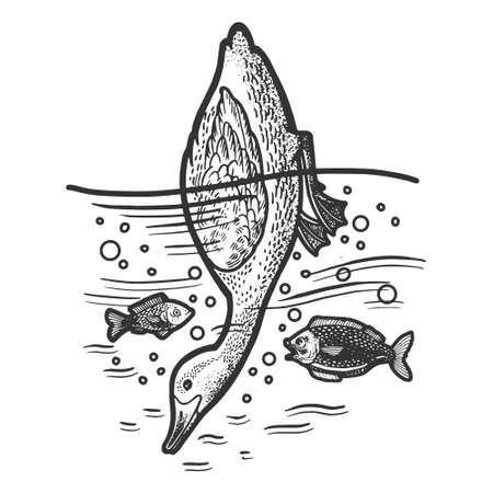 duck dives under water sketch engraving vector illustration. T-shirt apparel print design. Scratch board imitation. Black and white hand drawn image.のイラスト素材