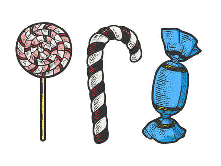 Lollipop sugar candies set color sketch engraving vector illustration. T-shirt apparel print design. Scratch board imitation. Black and white hand drawn image.のイラスト素材