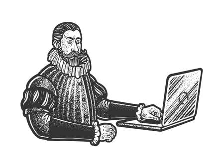 medieval man nobleman with laptop sketch engraving vector illustration. T-shirt apparel print design. Scratch board imitation. Black and white hand drawn image.のイラスト素材