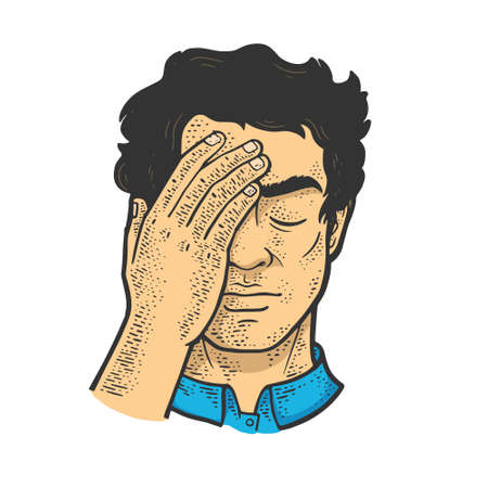 Facepalm headache gesture color sketch engraving vector illustration. T-shirt apparel print design. Scratch board imitation. Black and white hand drawn image.のイラスト素材