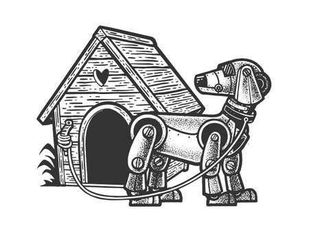 robot dog near the booth sketch engraving vector illustration. T-shirt apparel print design. Scratch board imitation. Black and white hand drawn image.のイラスト素材