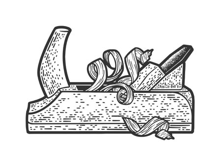 planer and shavings sketch engraving vector illustration. T-shirt apparel print design. Scratch board imitation. Black and white hand drawn image.のイラスト素材