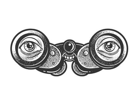 binoculars with eyes sketch engraving vector illustration. T-shirt apparel print design. Scratch board imitation. Black and white hand drawn image.のイラスト素材