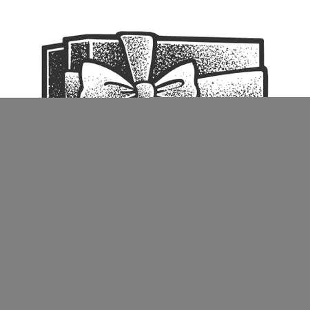 gift box present sketch engraving vector illustration. T-shirt apparel print design. Scratch board imitation. Black and white hand drawn image.のイラスト素材