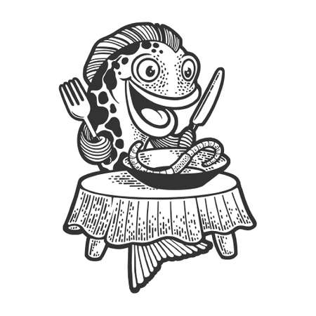 cartoon fish lunch sketch engraving vector illustration. T-shirt apparel print design. Scratch board imitation. Black and white hand drawn image.のイラスト素材