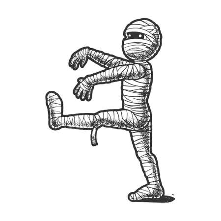 Walking mummy sketch engraving vector illustration. Halloween illustration. T-shirt apparel print design. Scratch board imitation. Black and white hand drawn image.のイラスト素材
