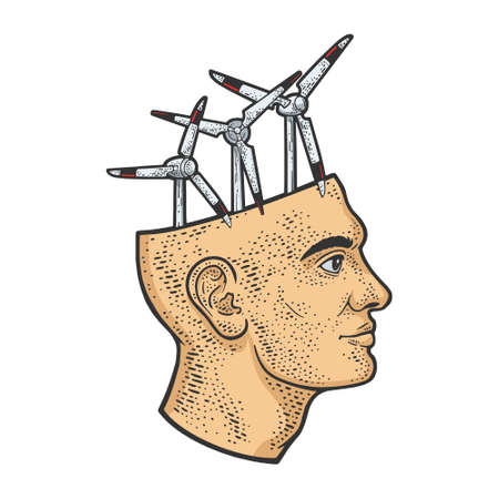 Wind turbine energy plant in head abstract line art color sketch engraving vector illustration. T-shirt apparel print design. Scratch board imitation. Black and white hand drawn image.のイラスト素材