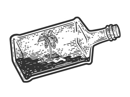 uninhabited desert island with sea in bottle sketch engraving vector illustration. T-shirt apparel print design. Scratch board imitation. Black and white hand drawn image.のイラスト素材