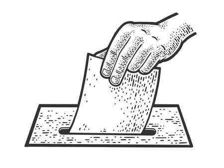 hand throws a ballot paper for elections sketch engraving vector illustration. T-shirt apparel print design. Scratch board imitation. Black and white hand drawn image.のイラスト素材
