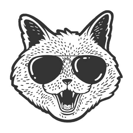 Cat head face in sunglasses sketch engraving vector illustration. T-shirt apparel print design. Scratch board imitation. Black and white hand drawn image.のイラスト素材