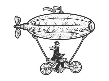 fictional fairytale vintage flying machine steampunk sketch engraving vector illustration. T-shirt apparel print design. Scratch board imitation. Black and white hand drawn image.のイラスト素材
