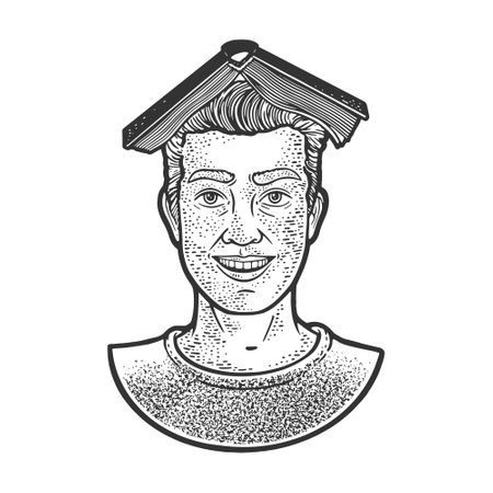 Man with book on head sketch engraving vector illustration. T-shirt apparel print design. Scratch board imitation. Black and white hand drawn image.のイラスト素材
