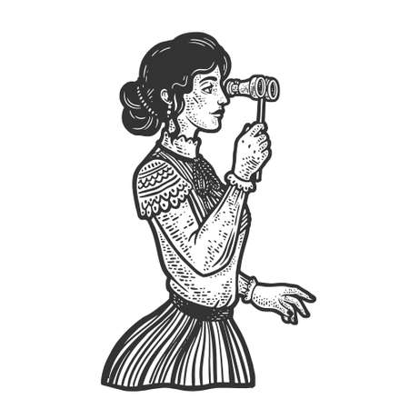 lady with theater glasses binoculars sketch engraving vector illustration. T-shirt apparel print design. Scratch board imitation. Black and white hand drawn image.のイラスト素材