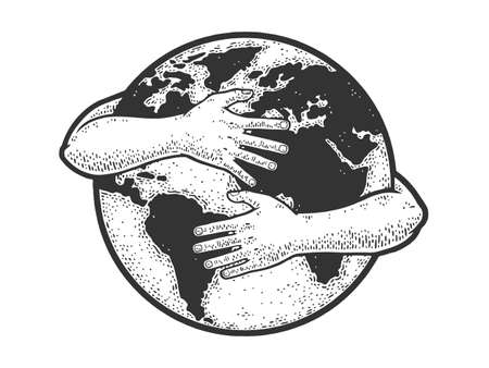 Earth hugs sketch engraving vector illustration. T-shirt apparel print design. Scratch board imitation. Black and white hand drawn image.のイラスト素材