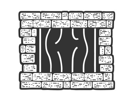 Prison window with bent bars sketch engraving vector illustration. T-shirt apparel print design. Scratch board imitation. Black and white hand drawn image.のイラスト素材