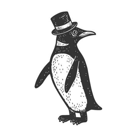 penguin in top hat sketch engraving vector illustration. T-shirt apparel print design. Scratch board imitation. Black and white hand drawn image.のイラスト素材