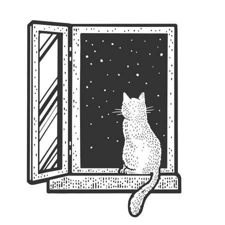 cat looks out night summer sky window sketch engraving raster illustration. T-shirt apparel print design. Scratch board imitation. Black and white hand drawn image.の写真素材