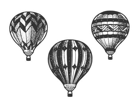 Balloon aeronautics aerostat set sketch engraving vector illustration. T-shirt apparel print design. Scratch board imitation. Black and white hand drawn image.のイラスト素材
